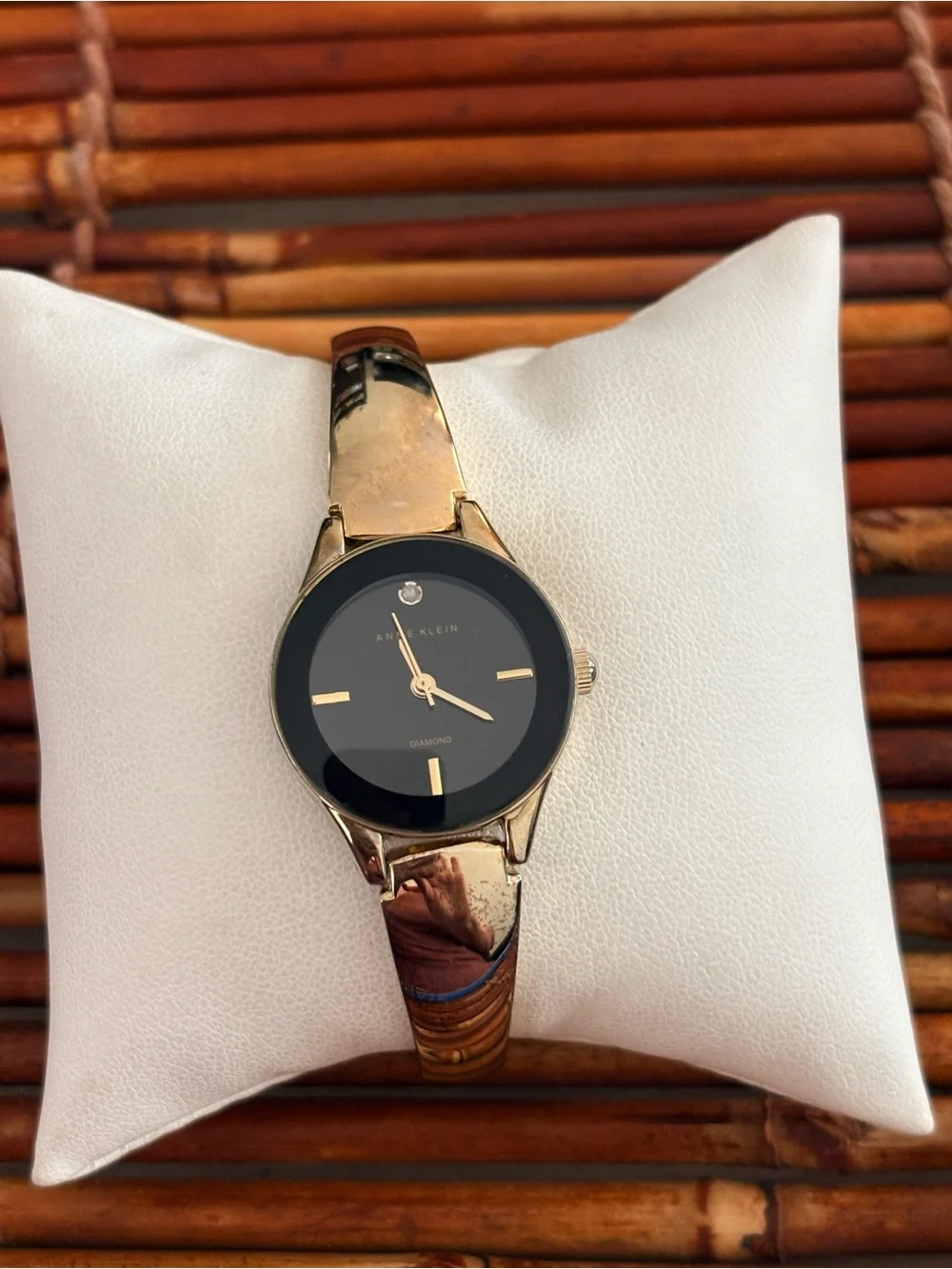 Anne Klein Gold-Tone Bracelet Watch Black Dial and Diamond Accent Needs Battery